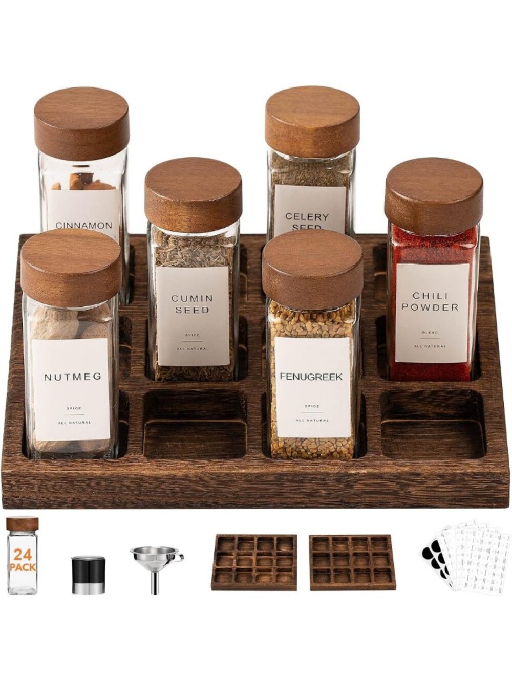 24pcs Glass Spice Jars with Labels & Rack - 4oz Seasoning Storage Containers